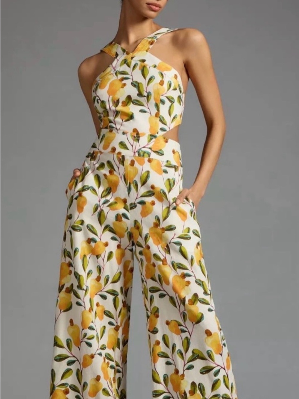FARM Rio Anthropologie Yellow Fruit Cut-Out Cross-Front Wide-Leg Jumpsuit Size L